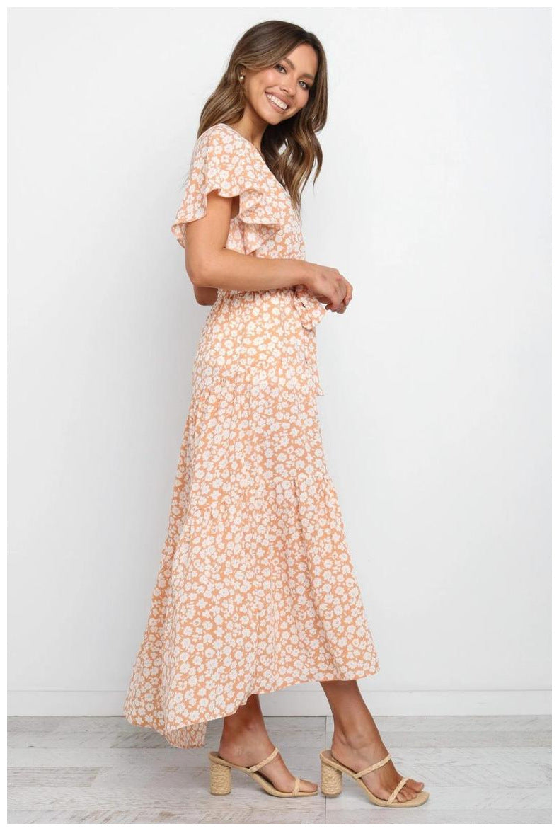 Ditsy Floral V-Neck Flutter Sleeve Wrap Maxi Dress