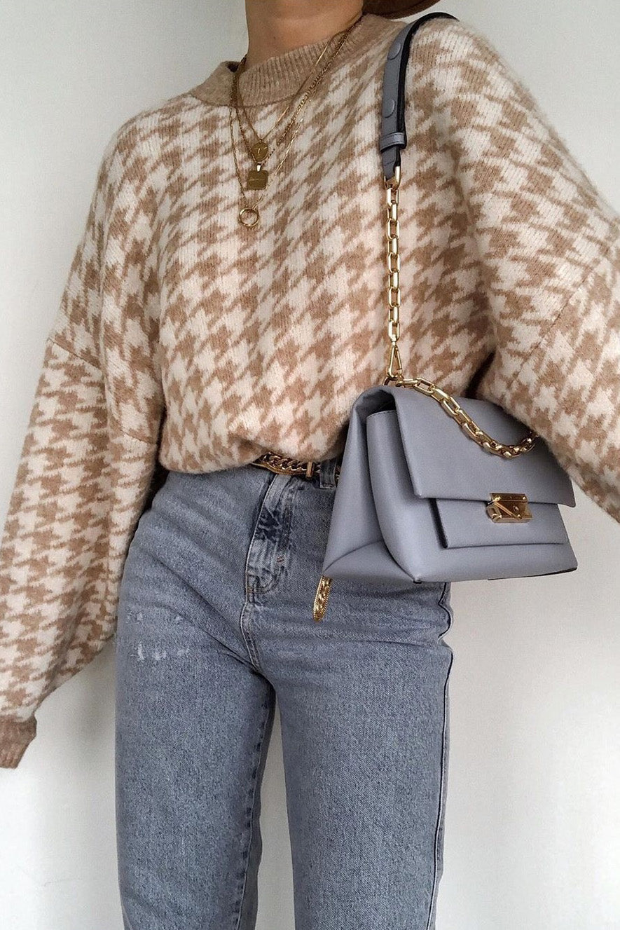 Khaki Geometric Houndstooth Knit Sweater for Stylish Comfort