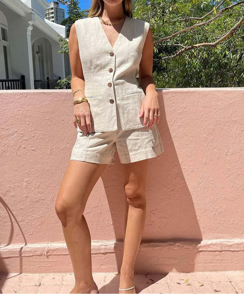 Khaki Sleeveless Button Shorts Office Two Piece Set