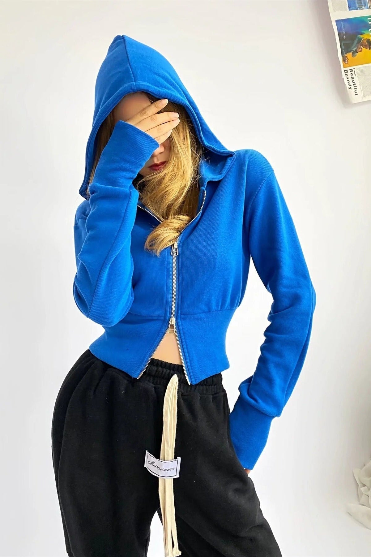 Solid Dual Zipper Slim Cropped Hoodie 13