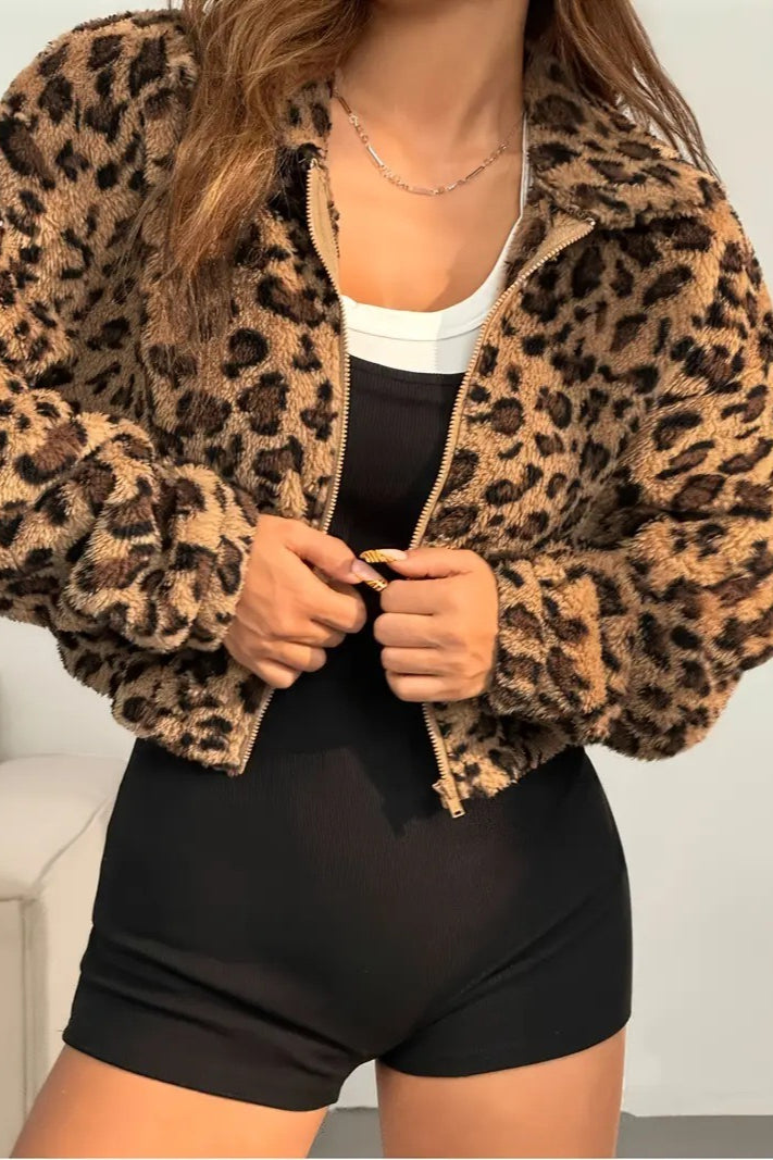 Sophisticated Leopard Print Hooded Zip-Up Coat for Style