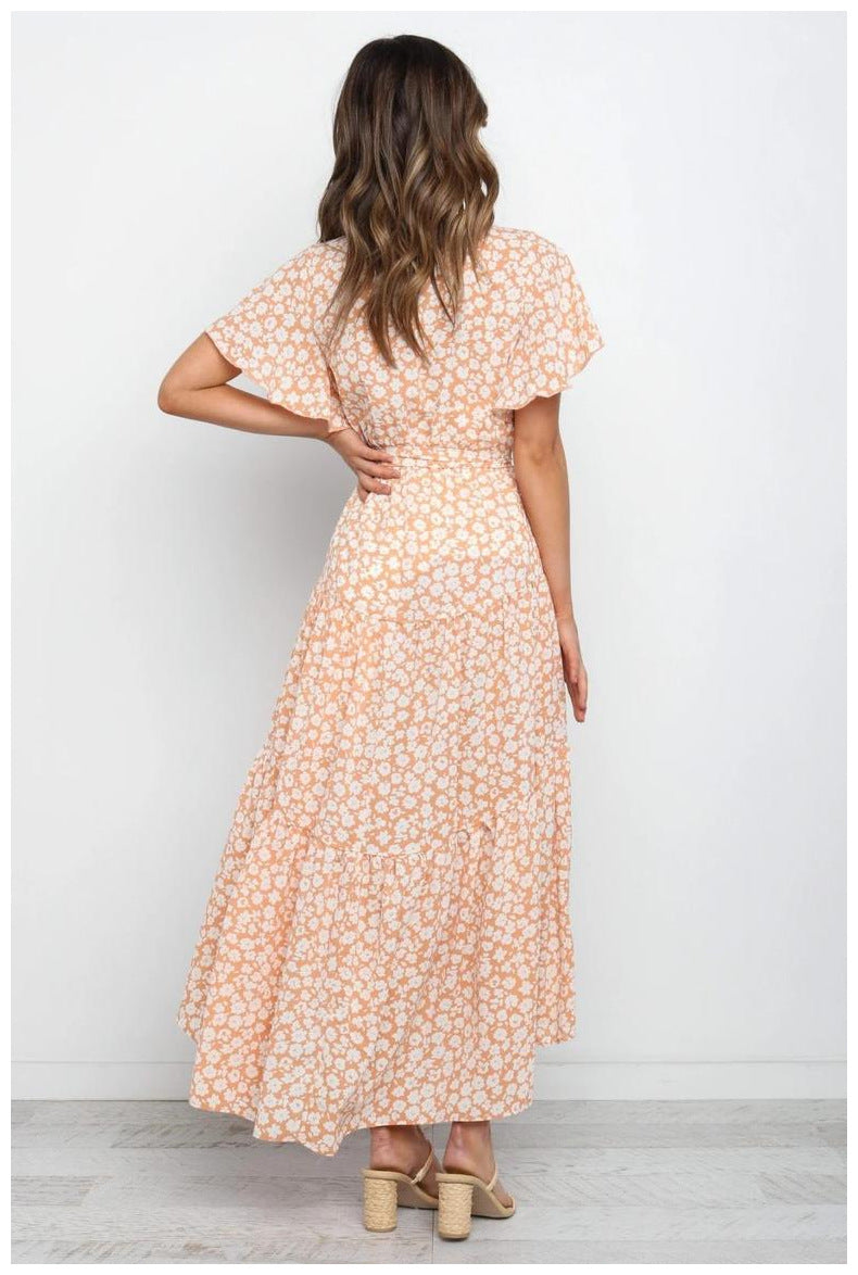 Ditsy Floral V-Neck Flutter Sleeve Wrap Maxi Dress