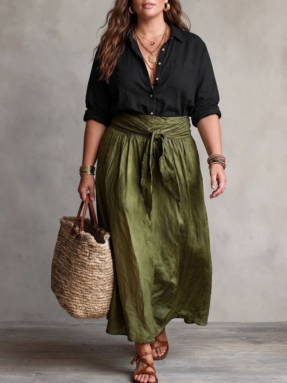 Button Front Shirt and Tie Waist Maxi Skirt Two Piece Set 2