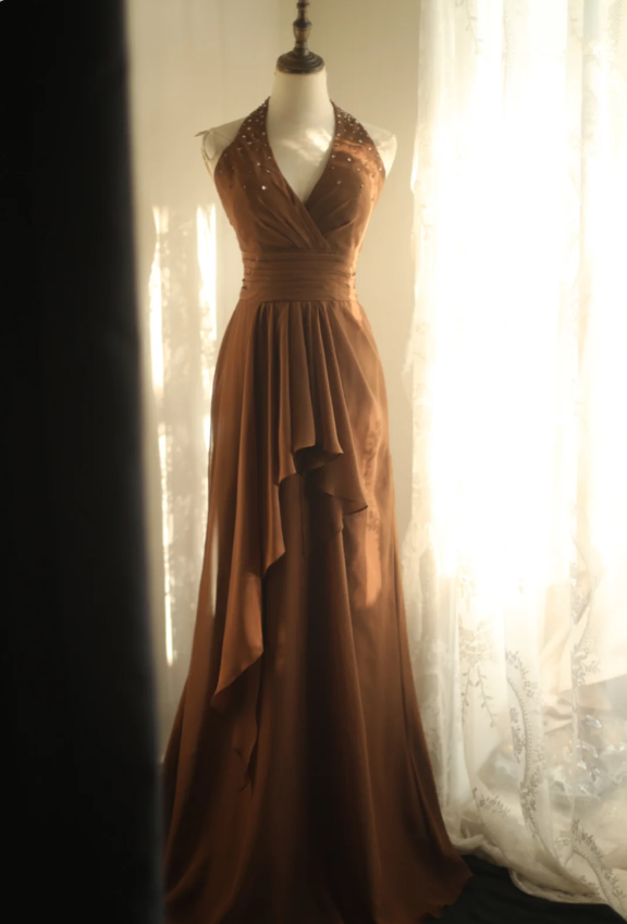 Elegant Brown A-line Halter Neck Chiffon Long Prom Dress Evening Dress P4238