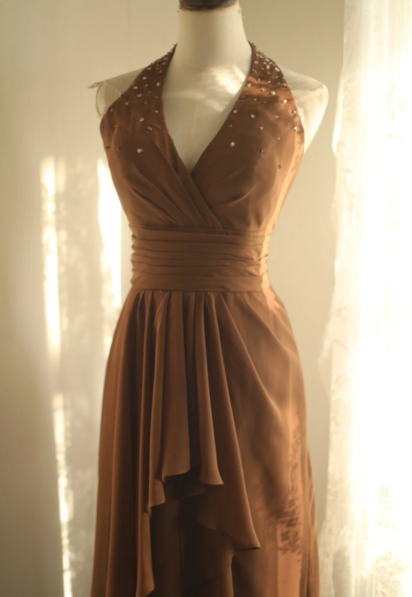 Elegant Brown A-line Halter Neck Chiffon Long Prom Dress Evening Dress P4238
