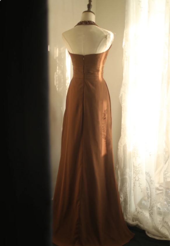 Elegant Brown A-line Halter Neck Chiffon Long Prom Dress Evening Dress P4238