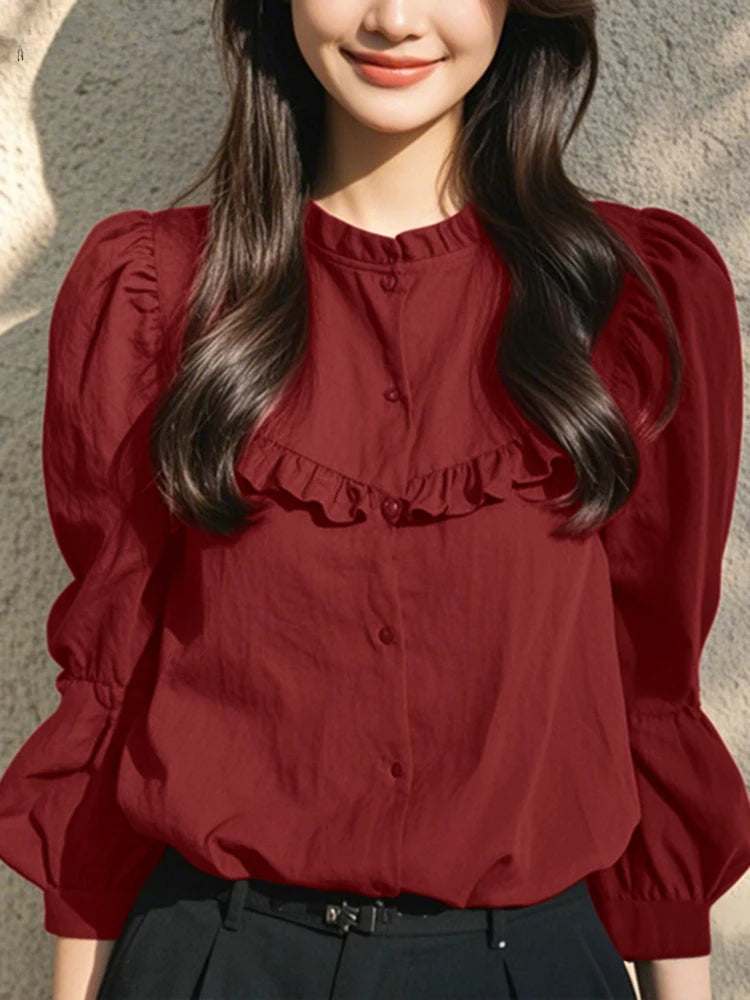 Button-Up O-neck Lantern Sleeve Casual Blouse
