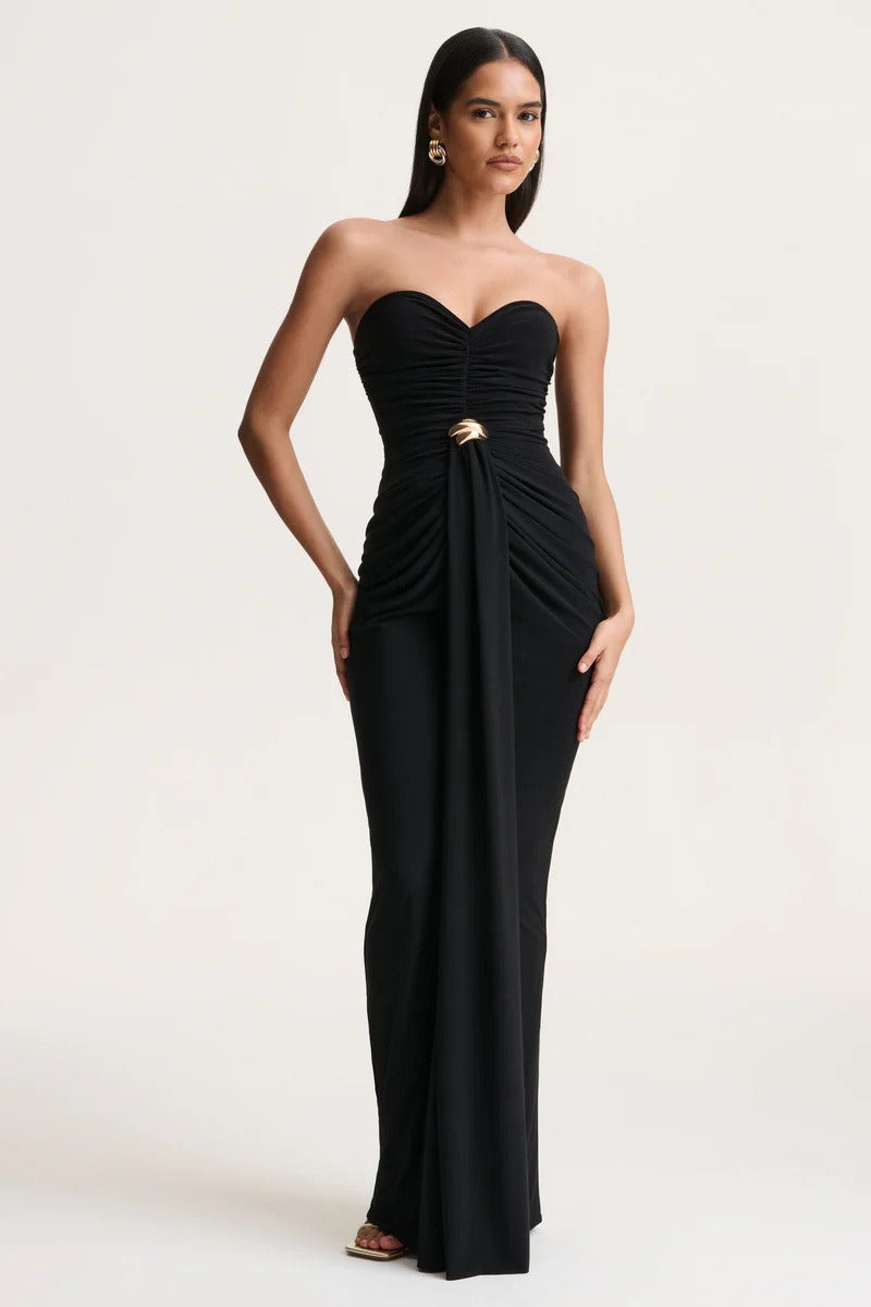 Strapless Sweetheart Ruched Gold Ring Draped Maxi Gown