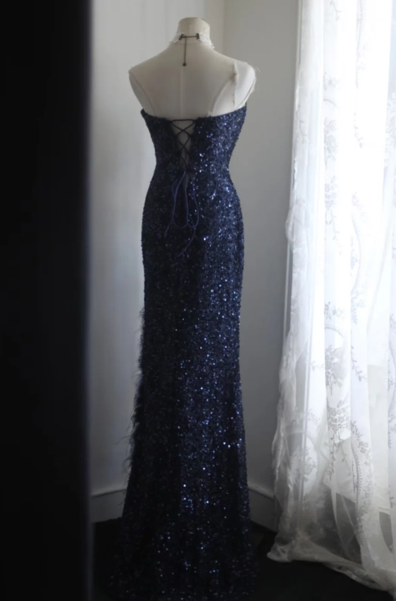 Elegant Navy Blue Mermaid Heart-shaped Neckline Feather Sequined Long Prom Dress Evening Dress P4239