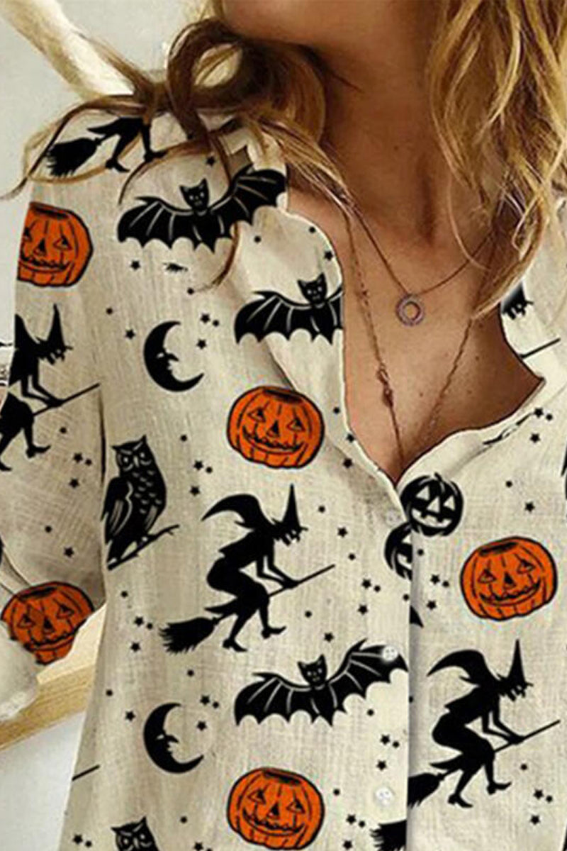Print Lapel Long Sleeves Button Up Casual Halloween Shirt Blouses  Fashionpara