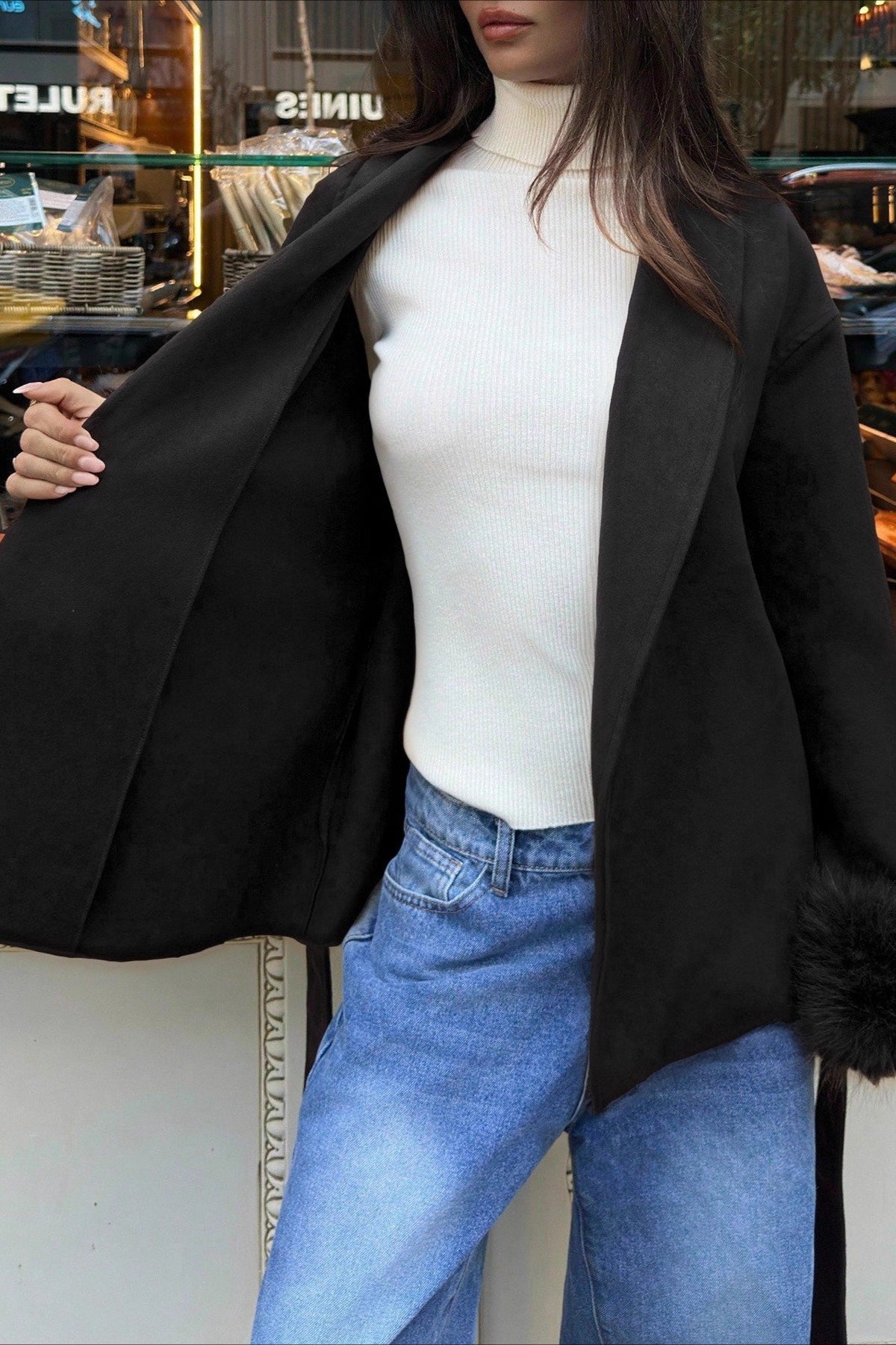 Wool Blend Faux Fur Cuff Belted Long Coat - Fashionpara