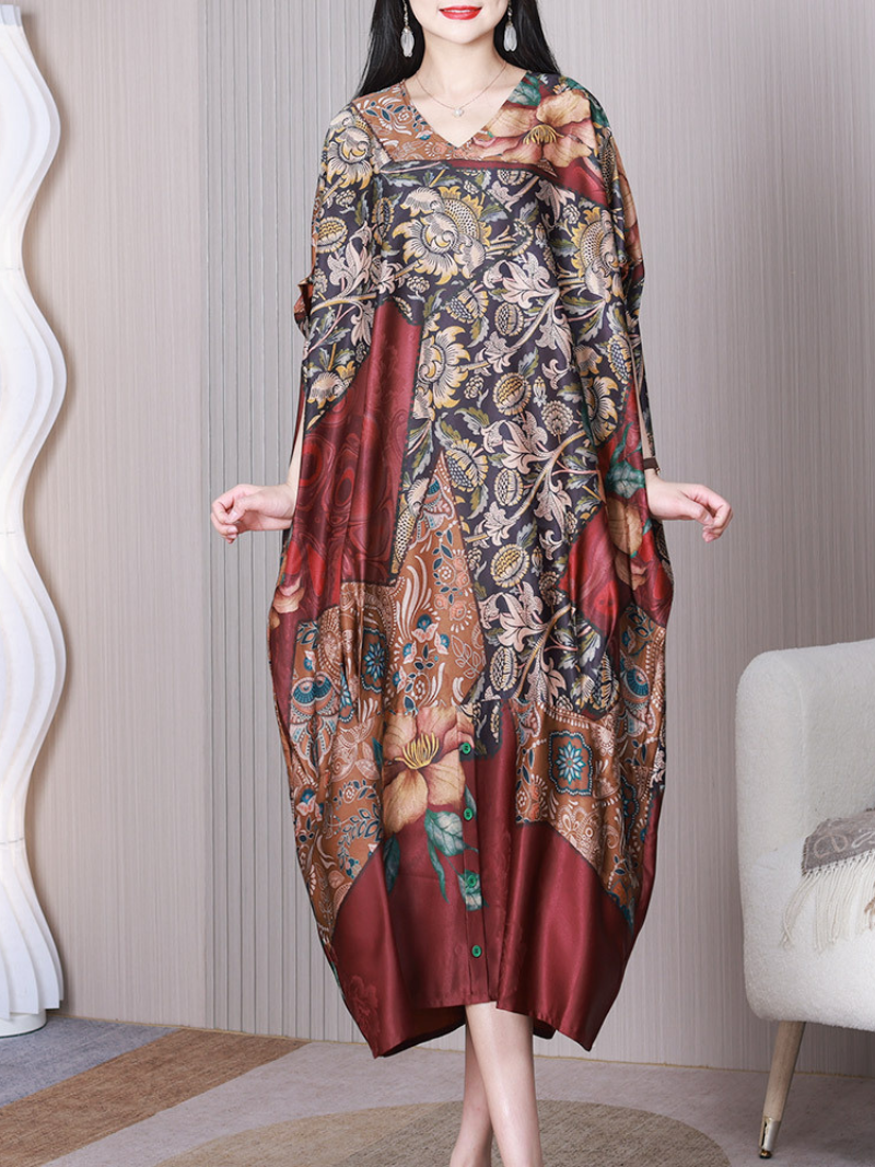 Floral Print V-Neck Batwing Sleeve Button Cocoon Midi Dress 3