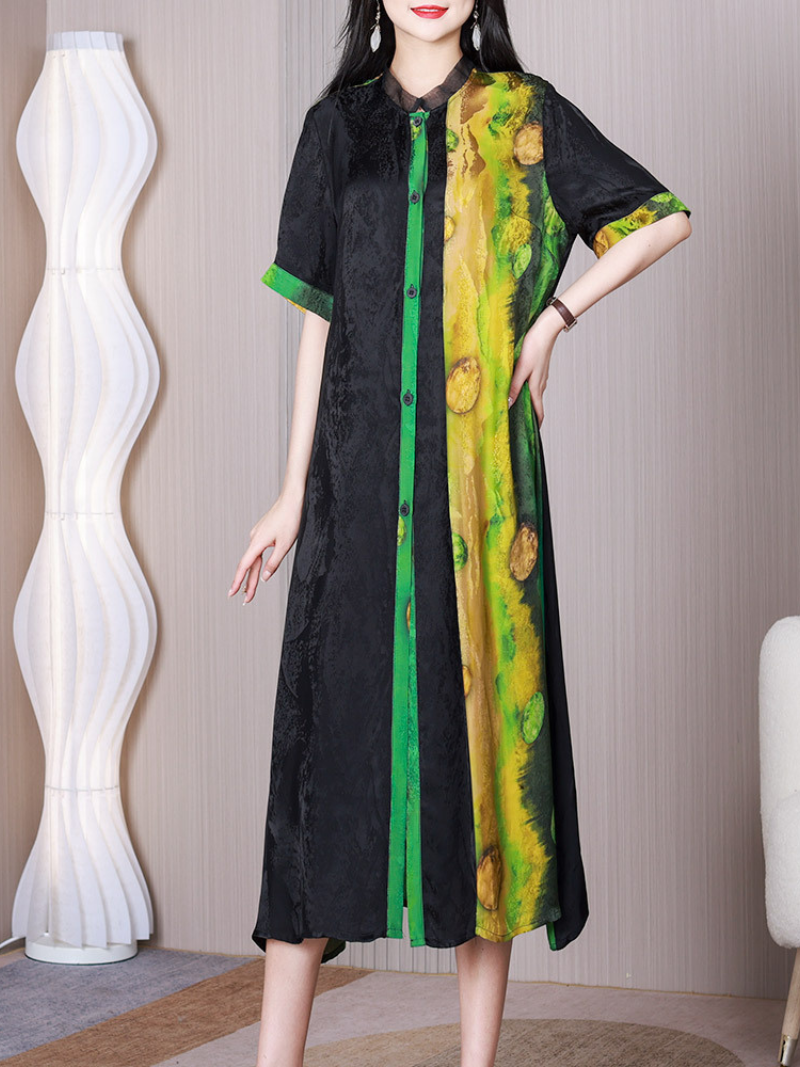 Abstract Print Stand Collar Short Sleeve A-Line Midi Dress