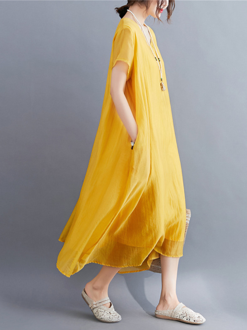 Linen V-Neck Short-Sleeve Layered A-Line Midi Dress 10