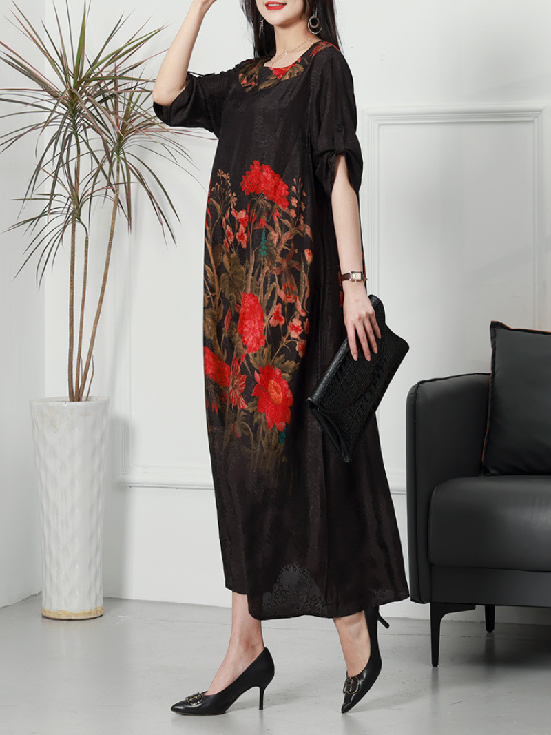 Floral Print Round Neck Half Sleeve Loose Midi Dress 6