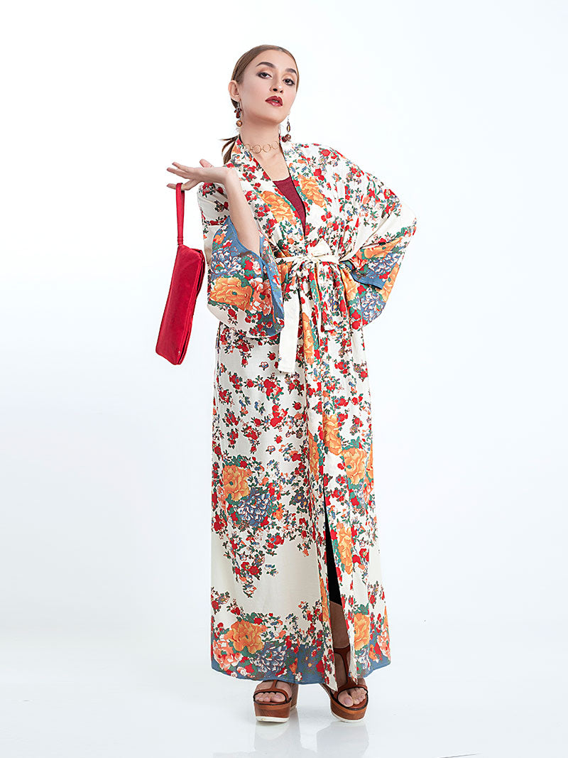 Beachwear Kimono Floral Bohemian Print Beige Color Cotton Long Length Gown Kimono Duster Robe - Fashionpara