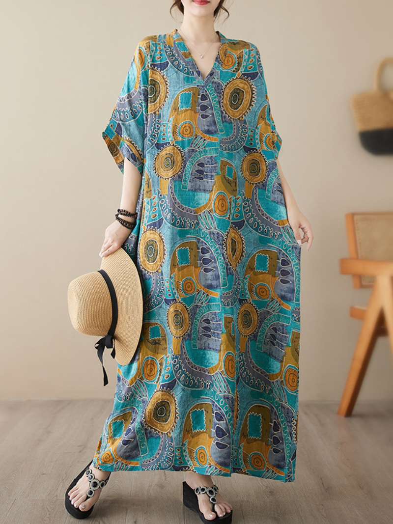 Game Of Love V-neck Short Sleeves Kaftan Dress - Fashionpara