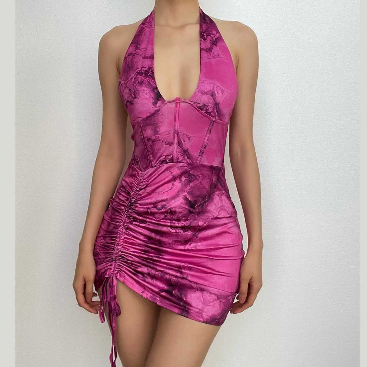 Halter Neck Corset Ruched Drawstring Backless Bodycon Mini Dress