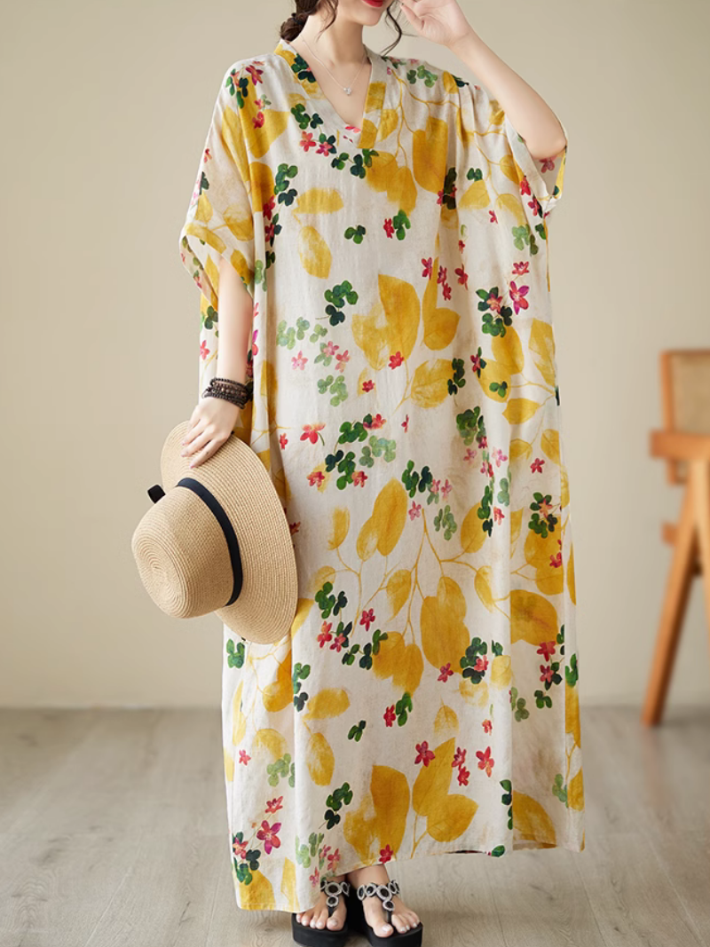 Leaf Print V-Neck Short-Sleeve Kaftan Maxi Dress 10
