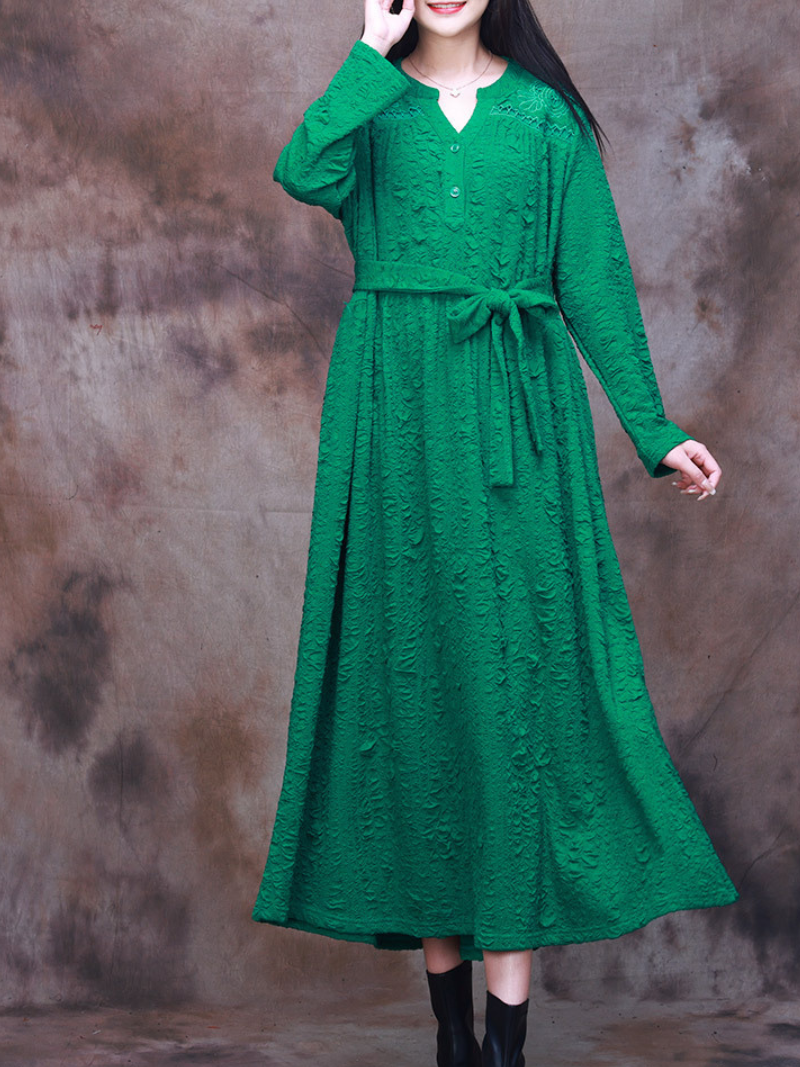 Vintage-Inspired Classic Belt Side Pockets A-Line Dress - Fashionpara