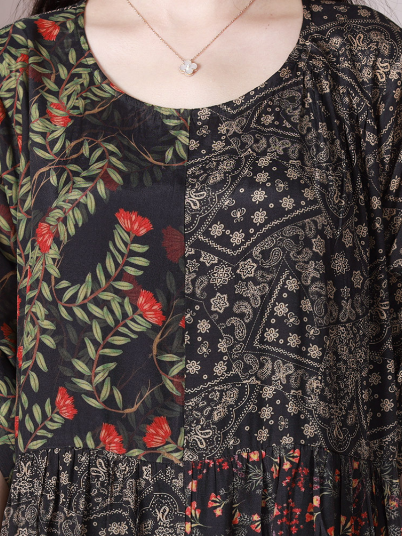 Patchwork Floral Round Neck Short Sleeve Midi Dress 2