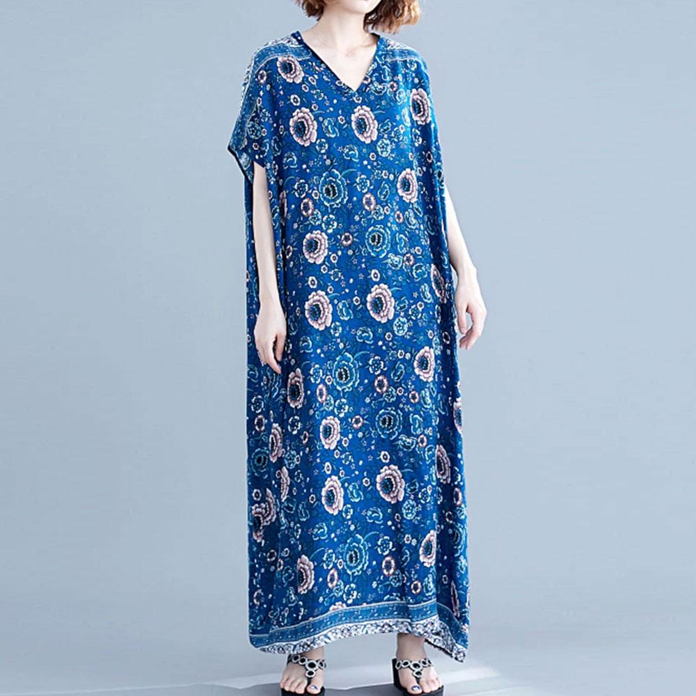Floral Print V-Neck Short Sleeve Kaftan Maxi Dress