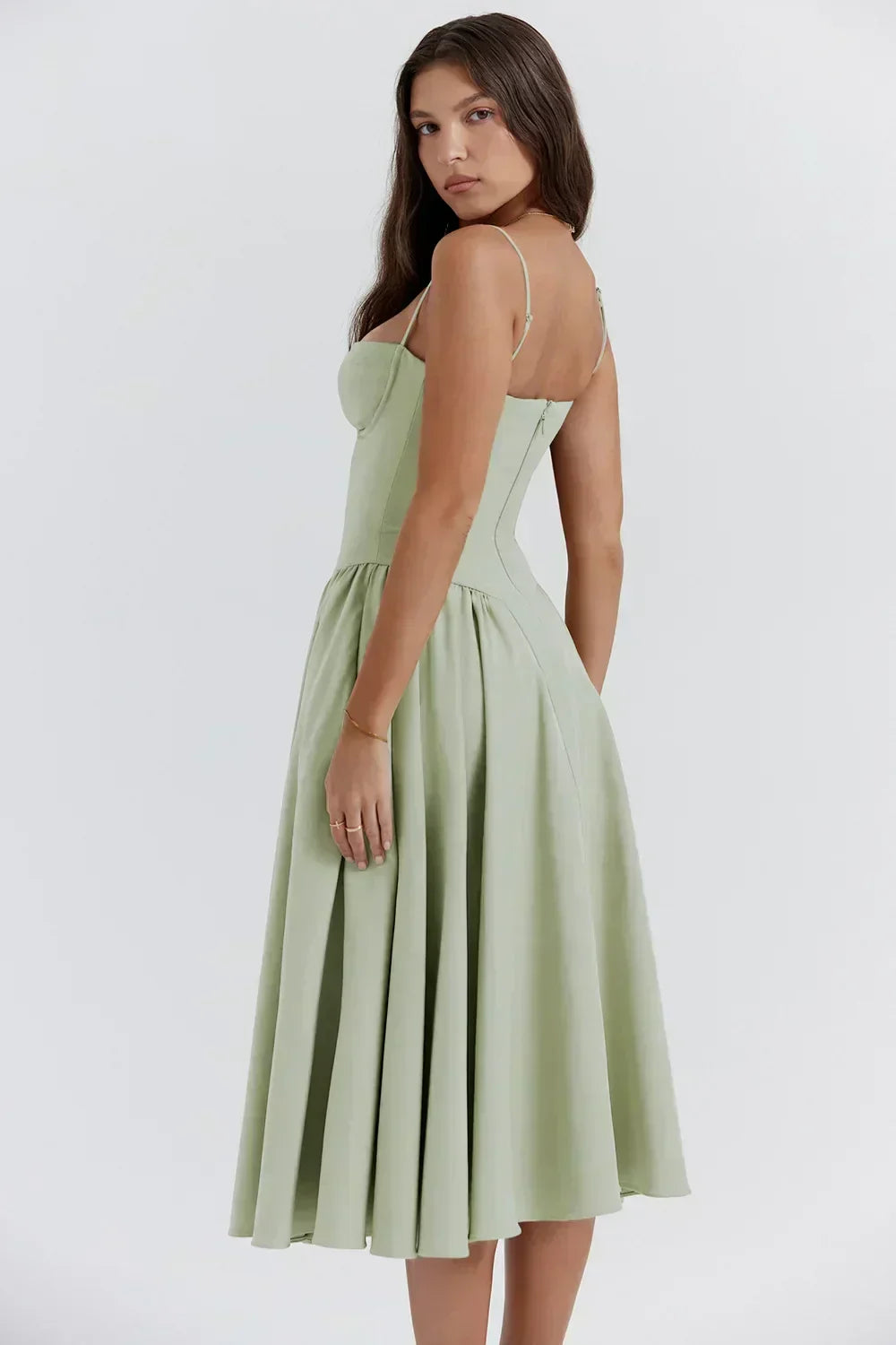 Spaghetti Strap Corset Bodice Pleated Fit and Flare Midi Dress - View 7