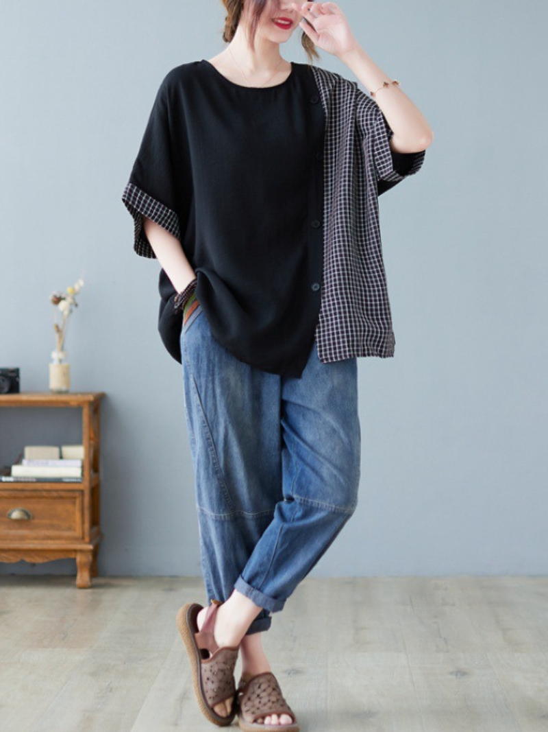 Black Short Sleeve Button Down Oversized Tops Casual Work Top - Fashionpara