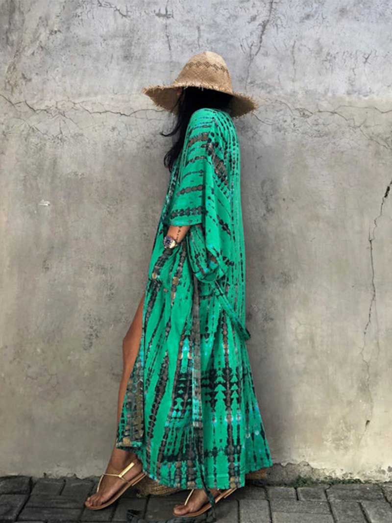 Tie-Dye Print Different Color Rayon Long Length Gown Kimono Duster Robe - Fashionpara