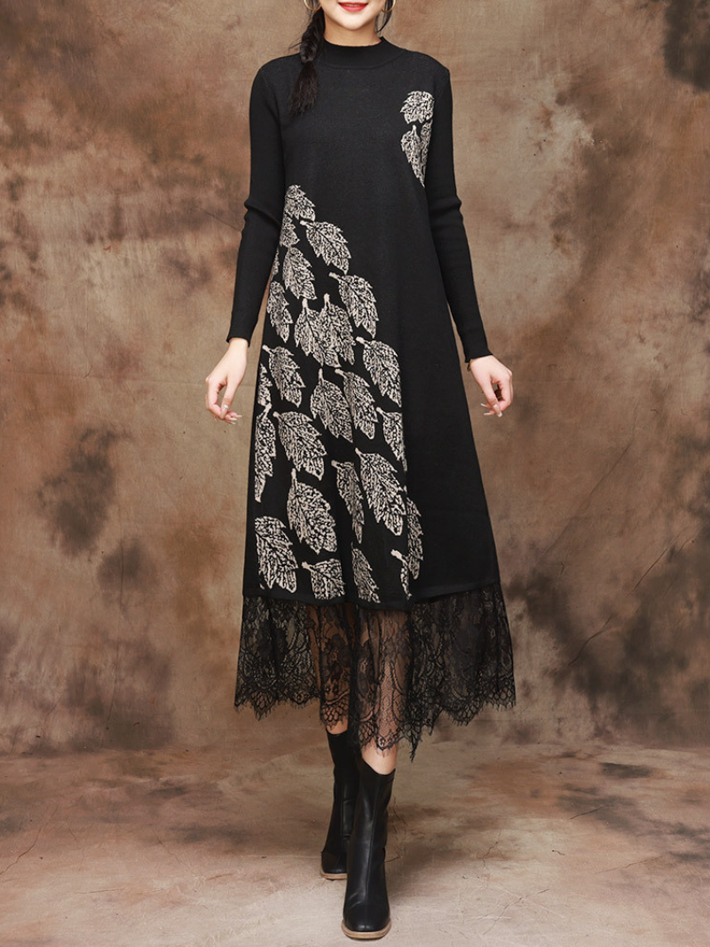 Leaf Print Mock Neck Long Sleeve Lace-Hem Knit Midi Dress