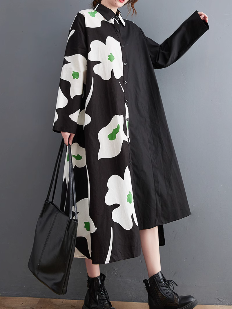 Casual Windbreaker Front Button Mid-length Shirt A-Line Dress - Fashionpara
