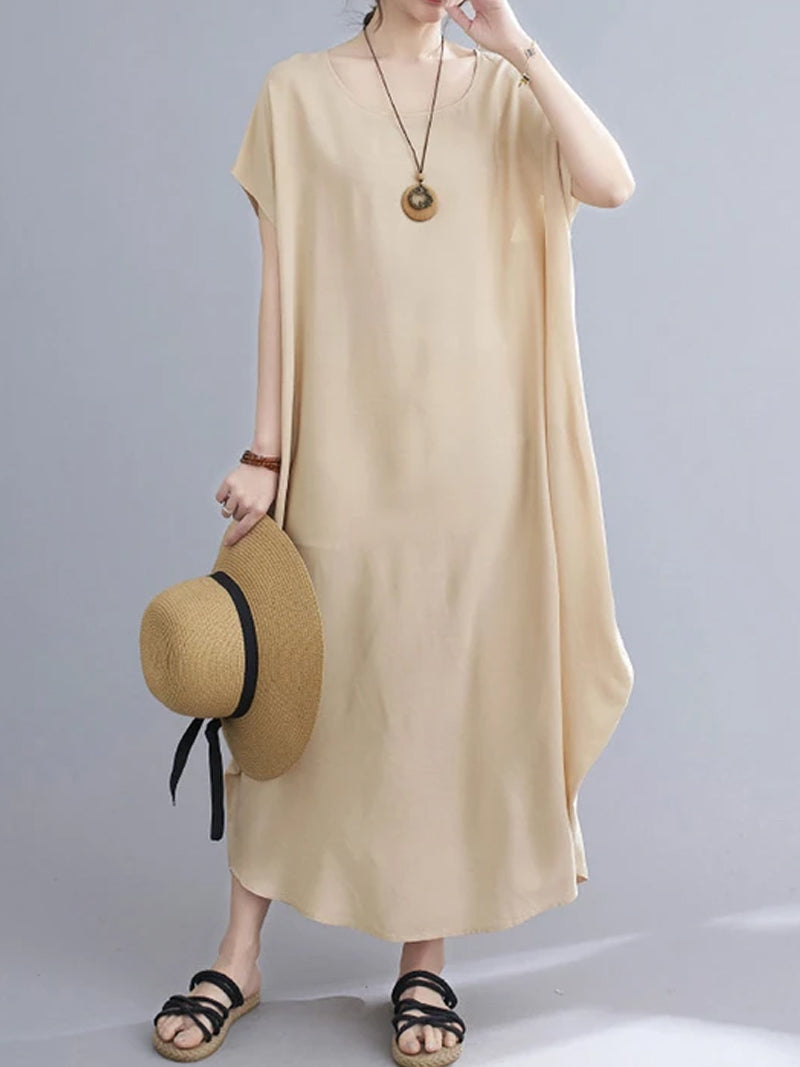 Cotton Round Neck Short Sleeve Cocoon Midi Dress 6