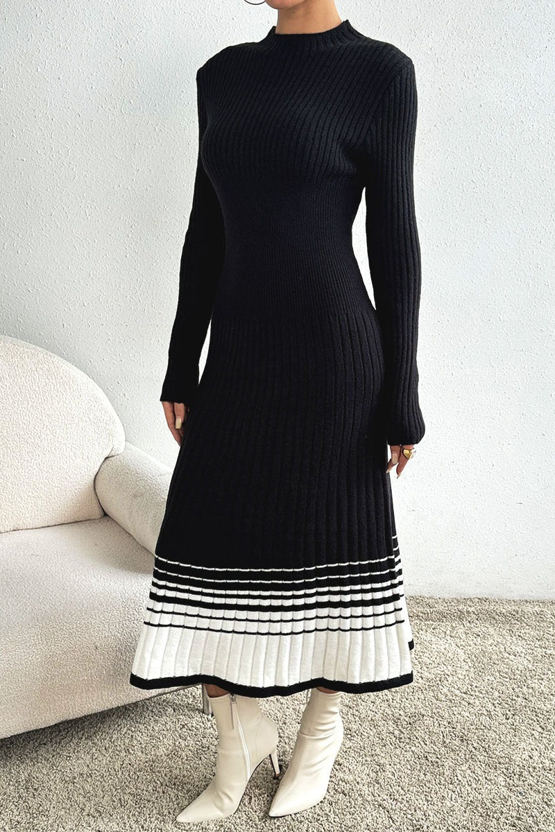 Vintage Black White Stripe Knit Pleated Midi Dress