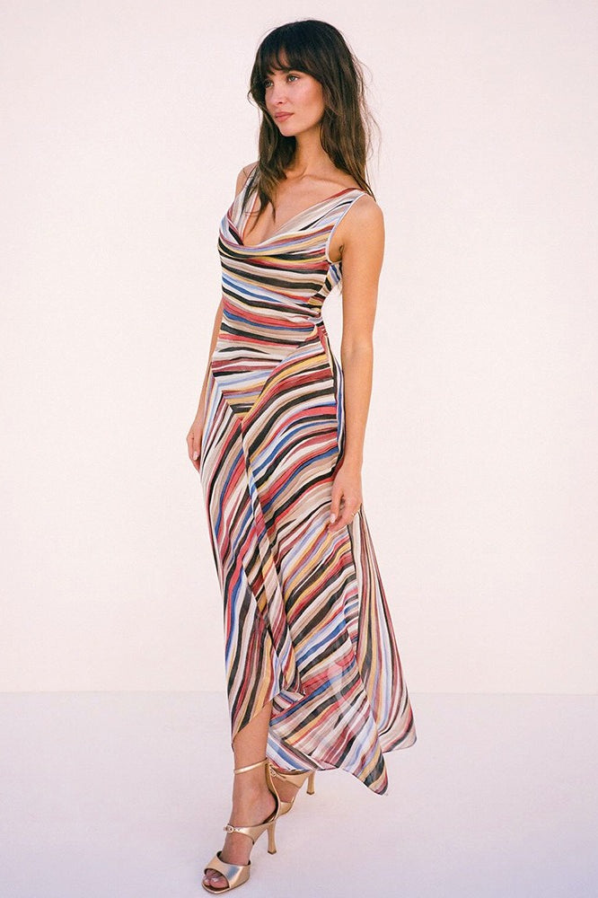 Striped Cowl Neck Asymmetric Slip Midi Dress 10
