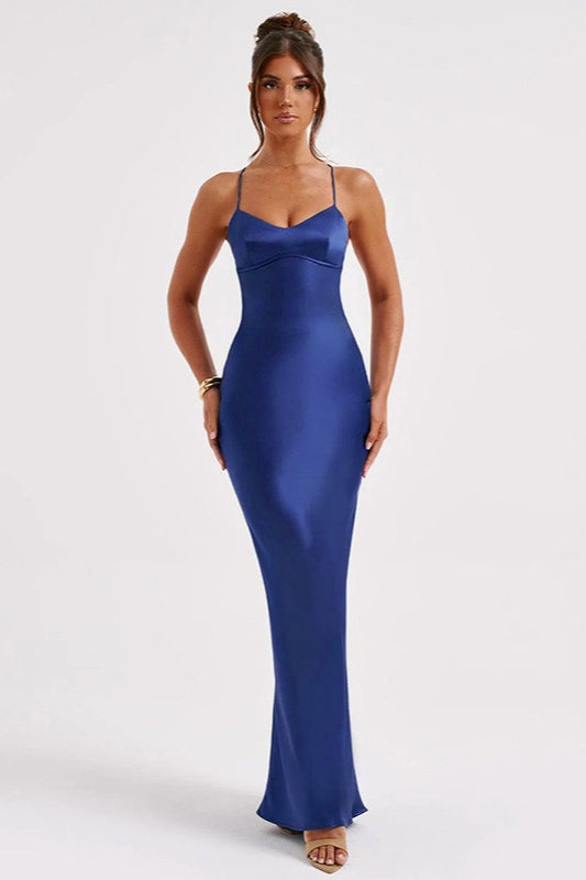 Satin Scoop-Neck Lace-Up Open-Back Maxi Dress 7