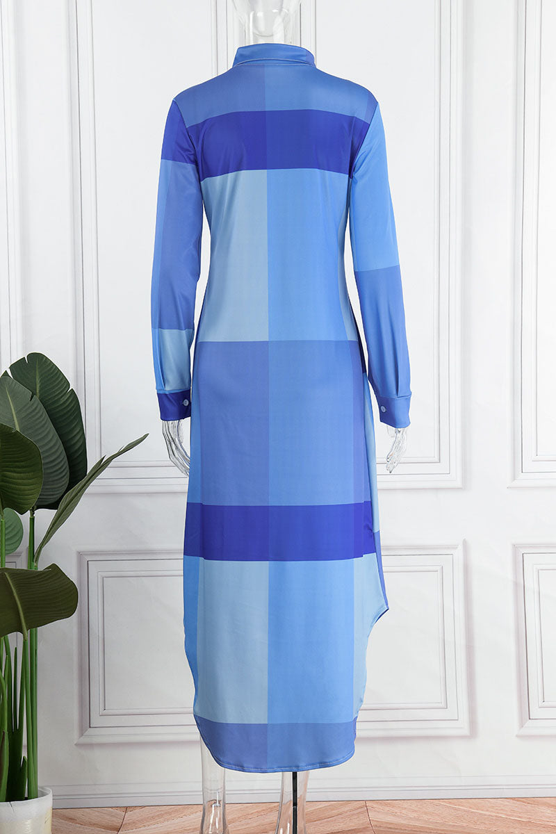 Casual Striped Print Patchwork Buckle Turndown Collar Shirt Dress Dresses Fashionpara