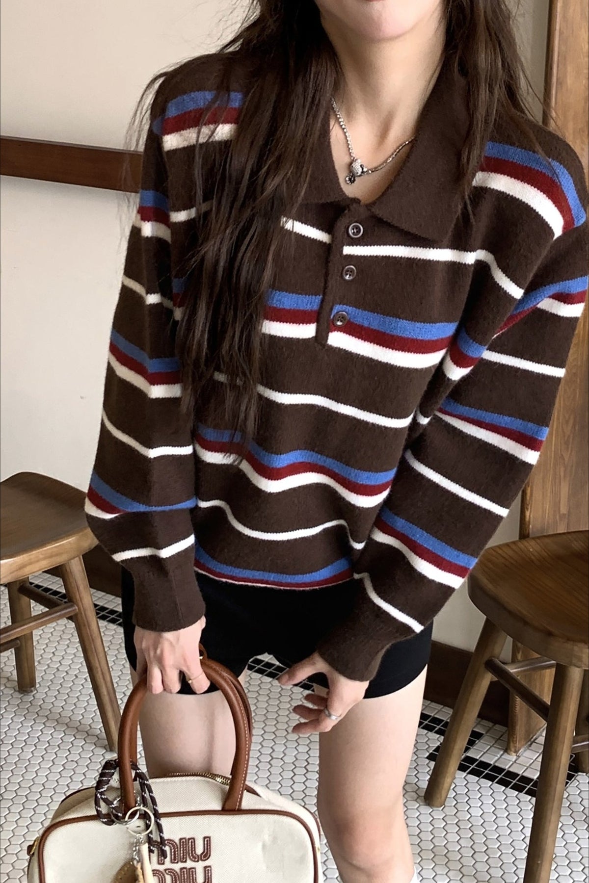 Stripe Polo Collar Relaxed Sweater