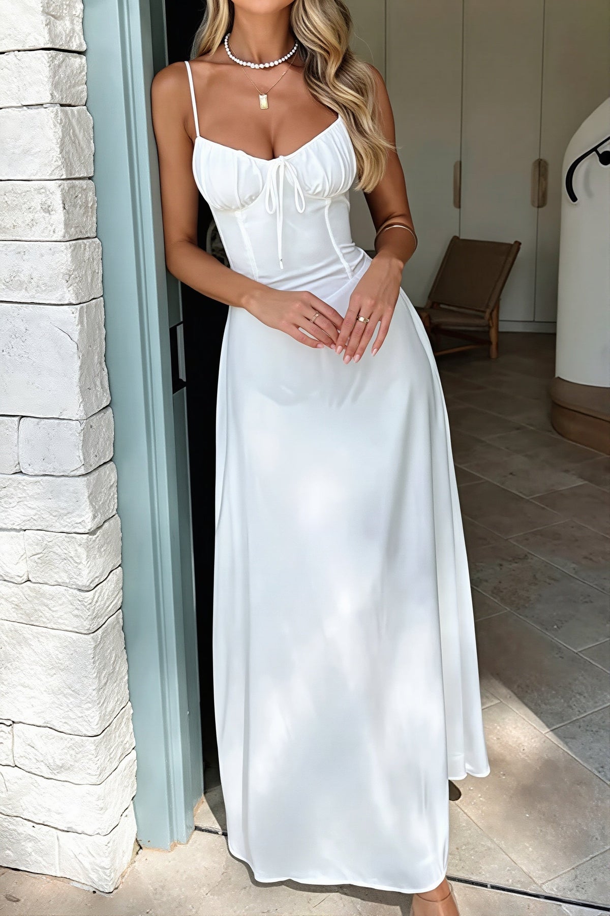 Satin Corset Sweetheart Tie Front Maxi Dress