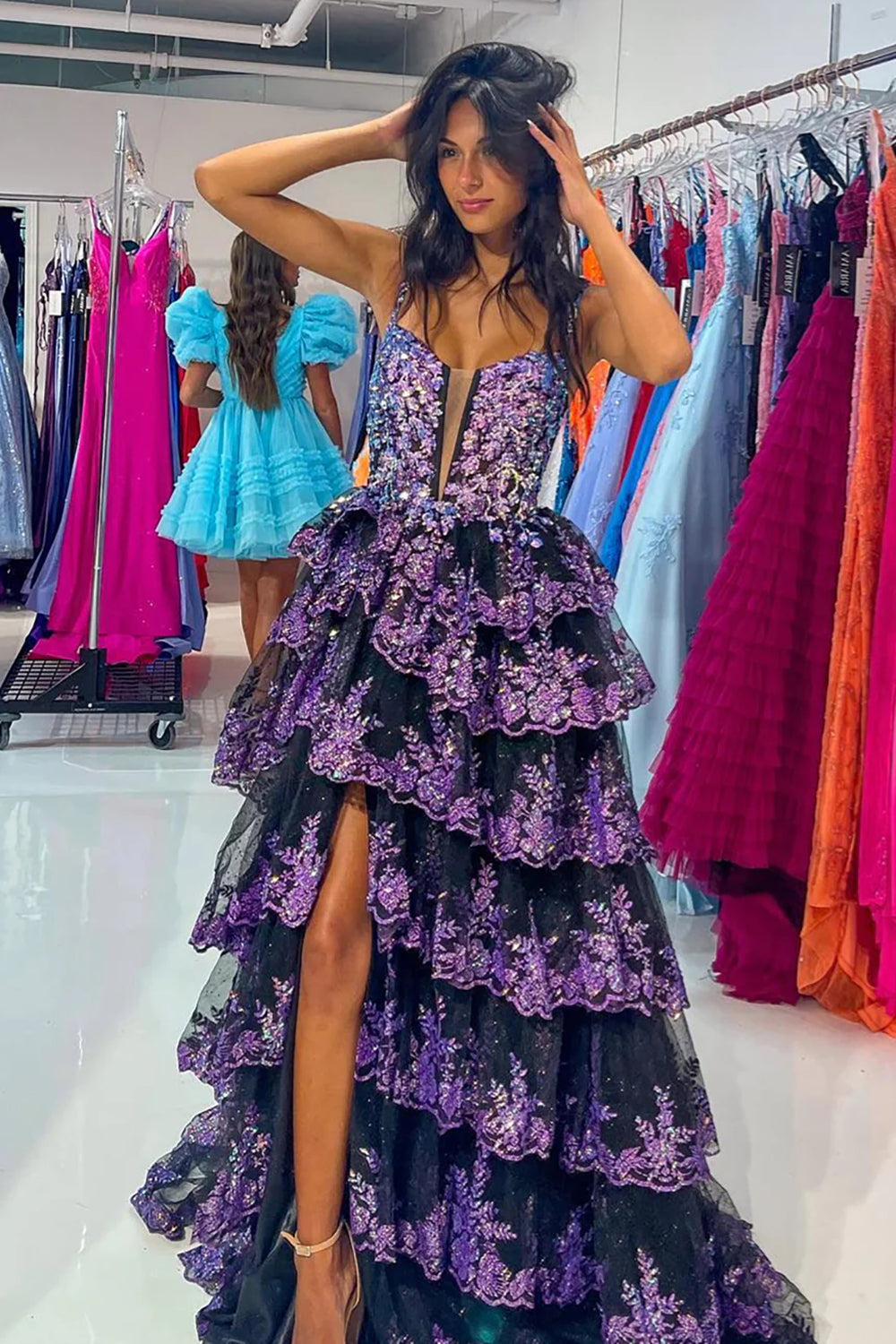 Luxurious A Line Spaghetti Straps Black Corset Prom Dress with Ruffles