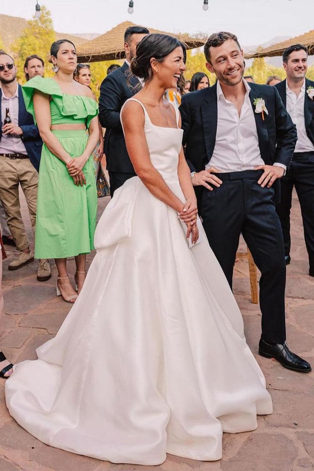 Elegant A Line Square Neck White Bridal Dress with Bowknot - Fashionpara