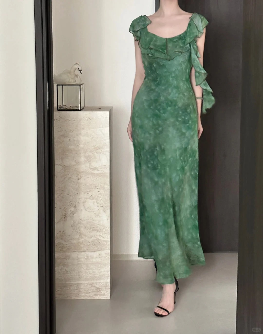 Elegant Dark Green Mermaid Ruffled Chiffon Long Prom Dress Evening Dress P4024