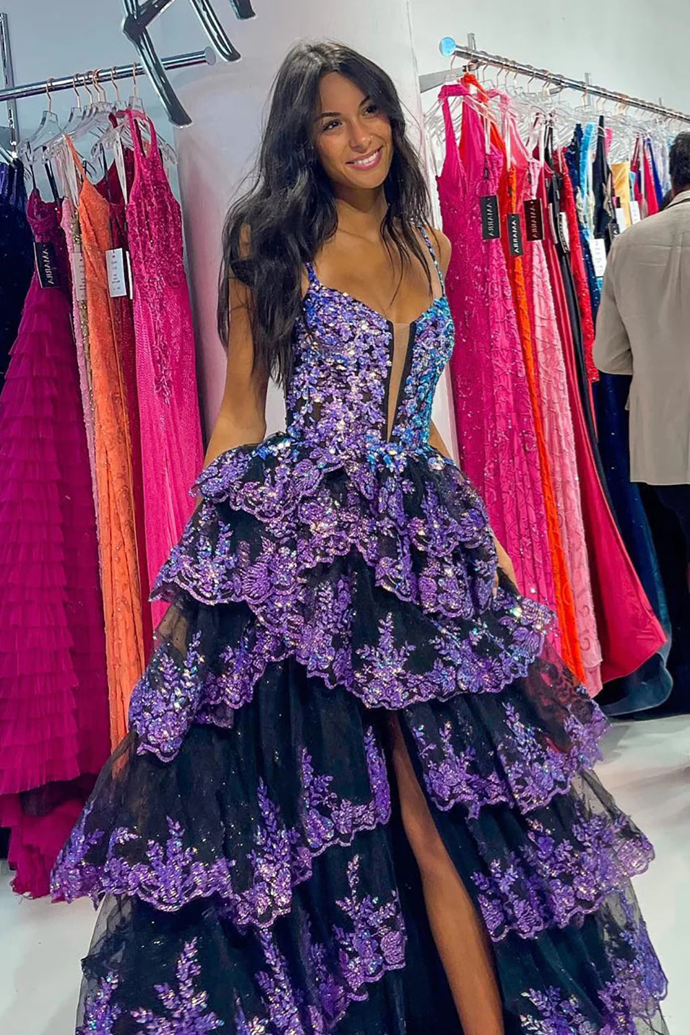 Luxurious A Line Spaghetti Straps Black Corset Prom Dress with Ruffles