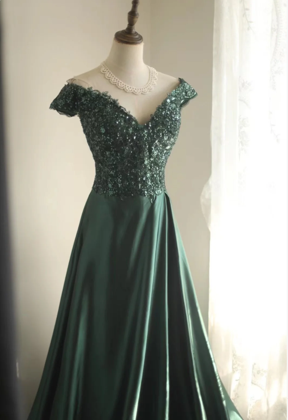 Elegant Dark Green A-line Off-shoulder Sequined Satin Long Prom Dress Evening Dress P4240