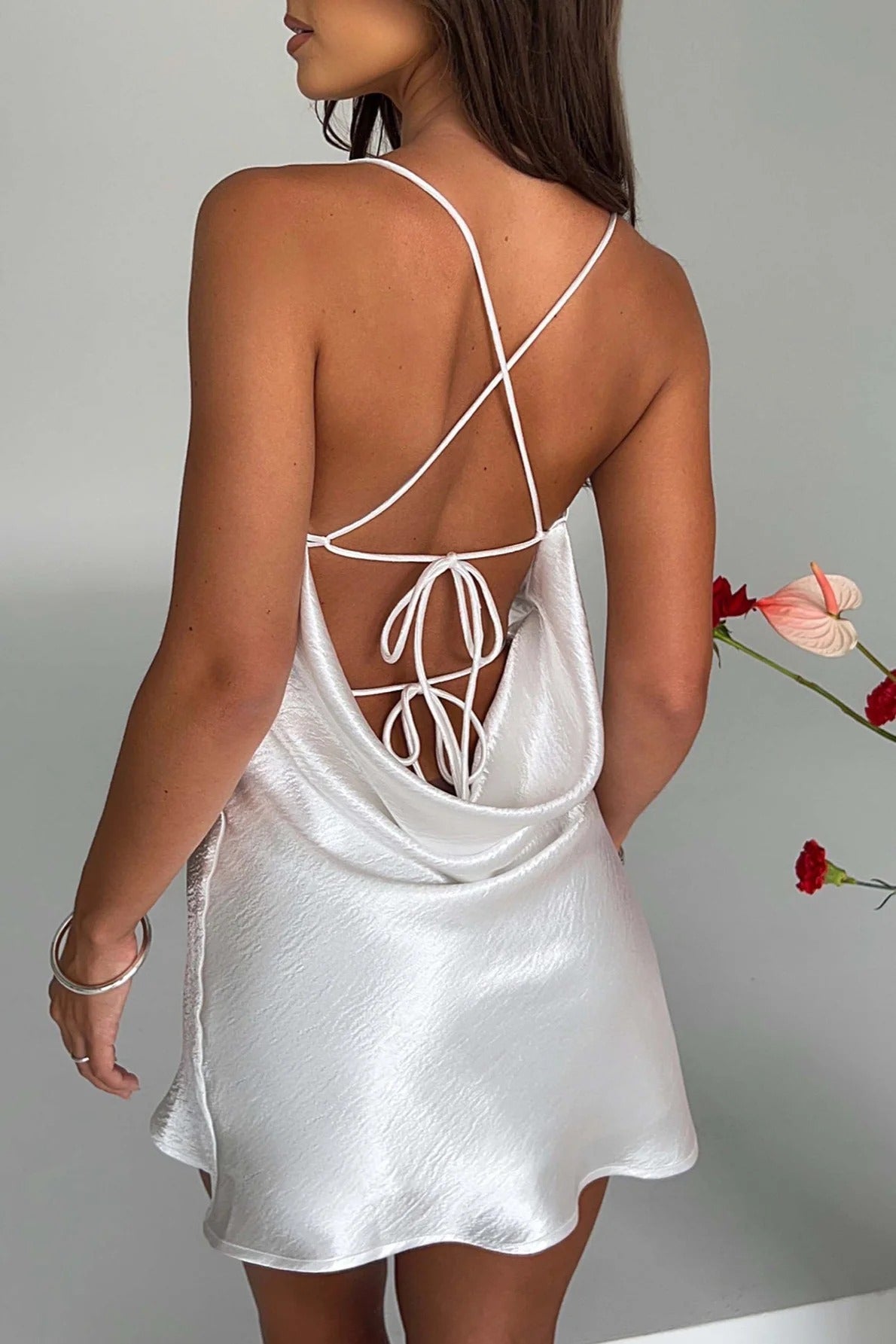 Satin Spaghetti Strap Cowl Neck Backless Bodycon Mini Dress - View 2