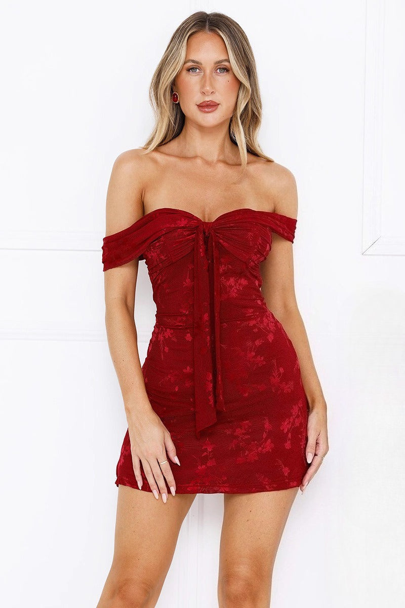 Jacquard Mesh Strapless Party Dress S / Red
