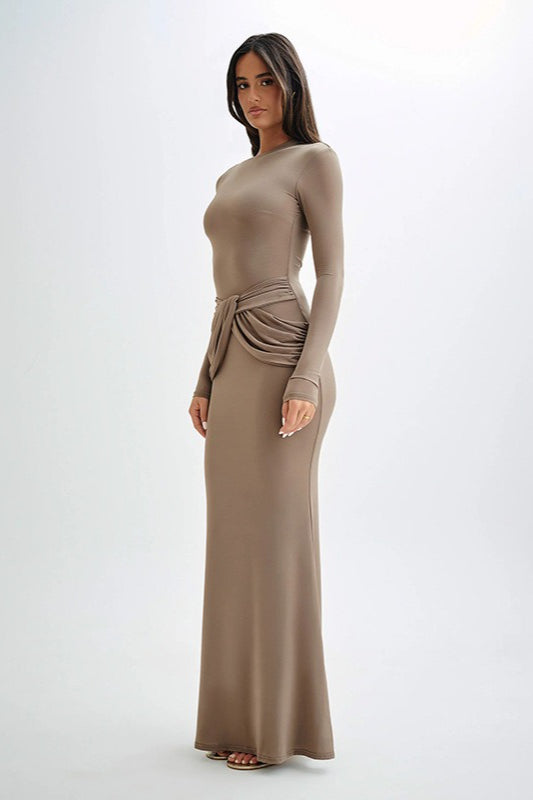 Crew Neck Long Sleeve Draped Waist Fishtail Maxi Dress