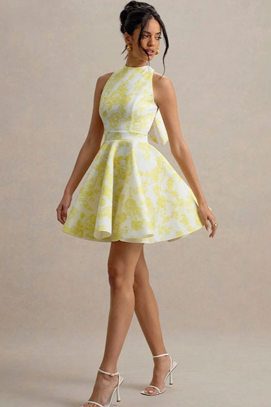 Floral Print High-Neck Sleeveless Fit-and-Flare Mini Dress
