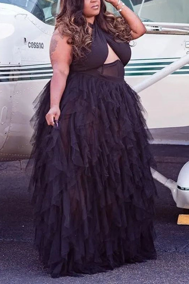 Plus Size Dresses Pink Backless Sleeveless See-through Maxi Dress Fashionpara