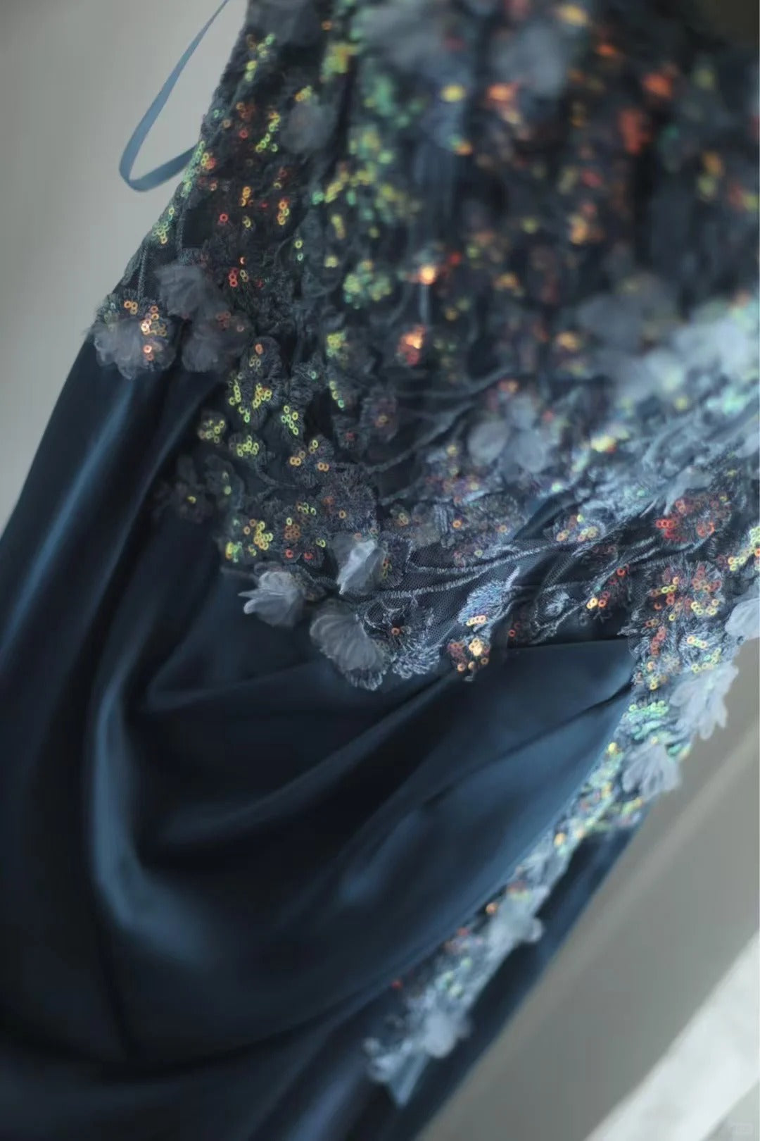 Gorgeous Blue Off-Shoulder Sequined 3D Floral Satin Long Prom Dress Evening Dress P4245