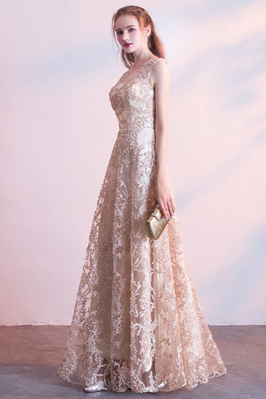 Lace V-Neck Sleeveless A-Line Prom Gown